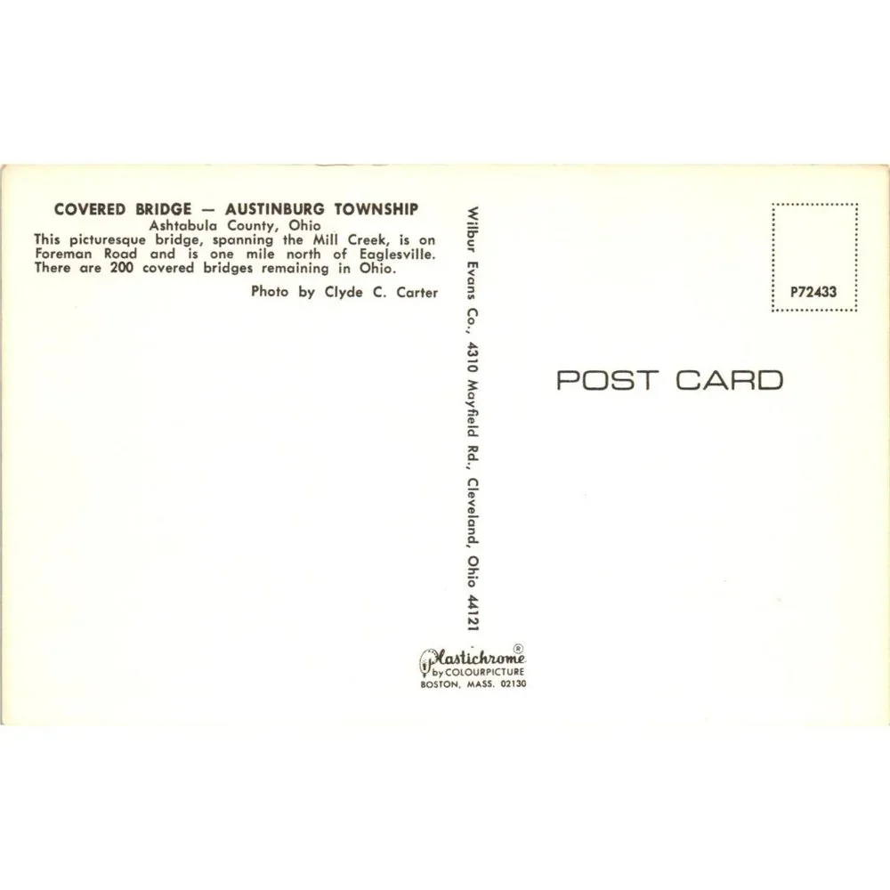 Covered Bridge Austinburg Township Ohio Postcard Travel Souvenir Unposted